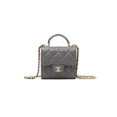 CHANEL MINI HANDLE CLUTCH WITH CHAIN GREY LAMBSKIN AP2682 (12*11*5cm)